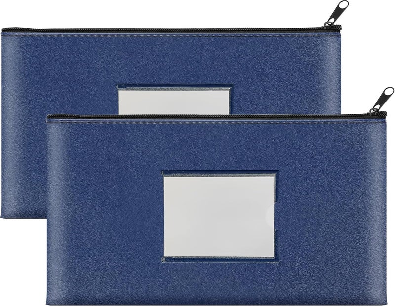 Hoiny 2 Pack Money Bags with Zipper, Bank Pouch with Label, 11 x 6.1 Inch PU Leather Cash Deposit Holder for Coins, Invoice, Bills, Cosmetics, Tools (Navy Blue) - Image 1